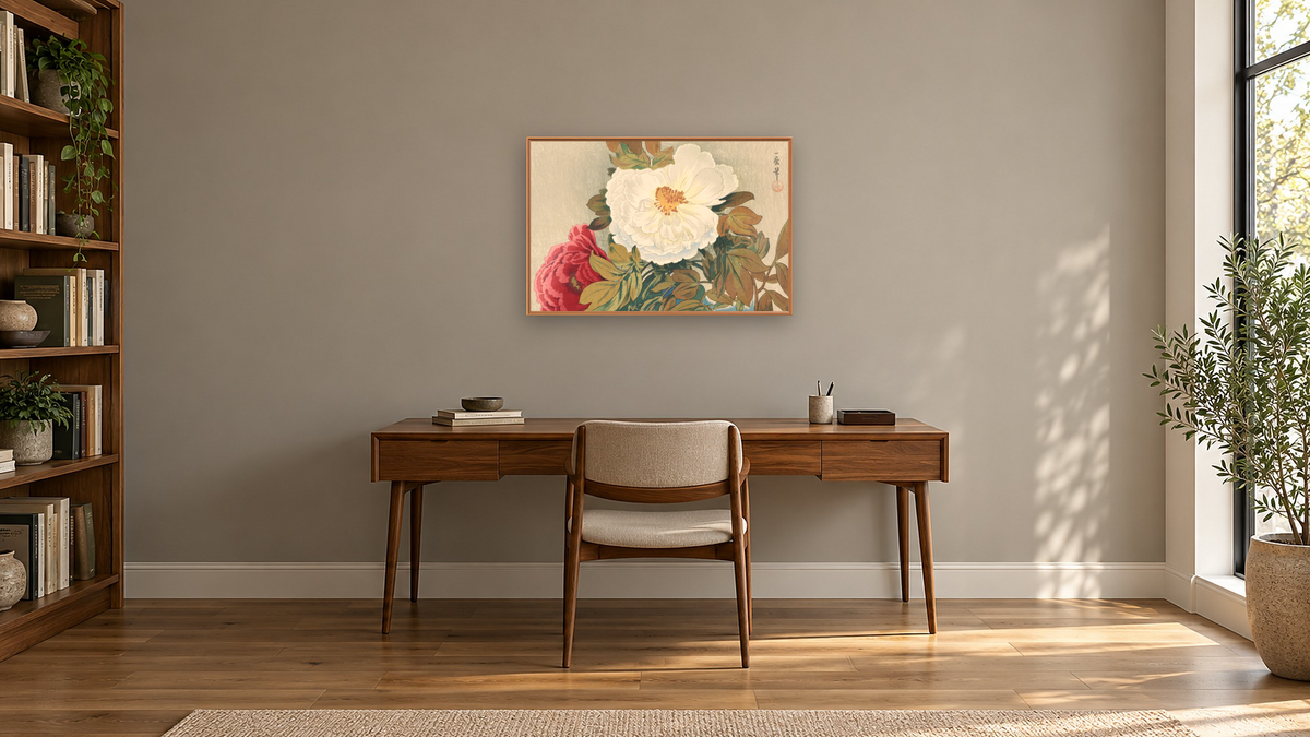 Peonies (Botan) by Oda Kazuma, shown at 28 × 42 in (71.1 × 106.7 cm) on canvas in Arber Raw Oak, library