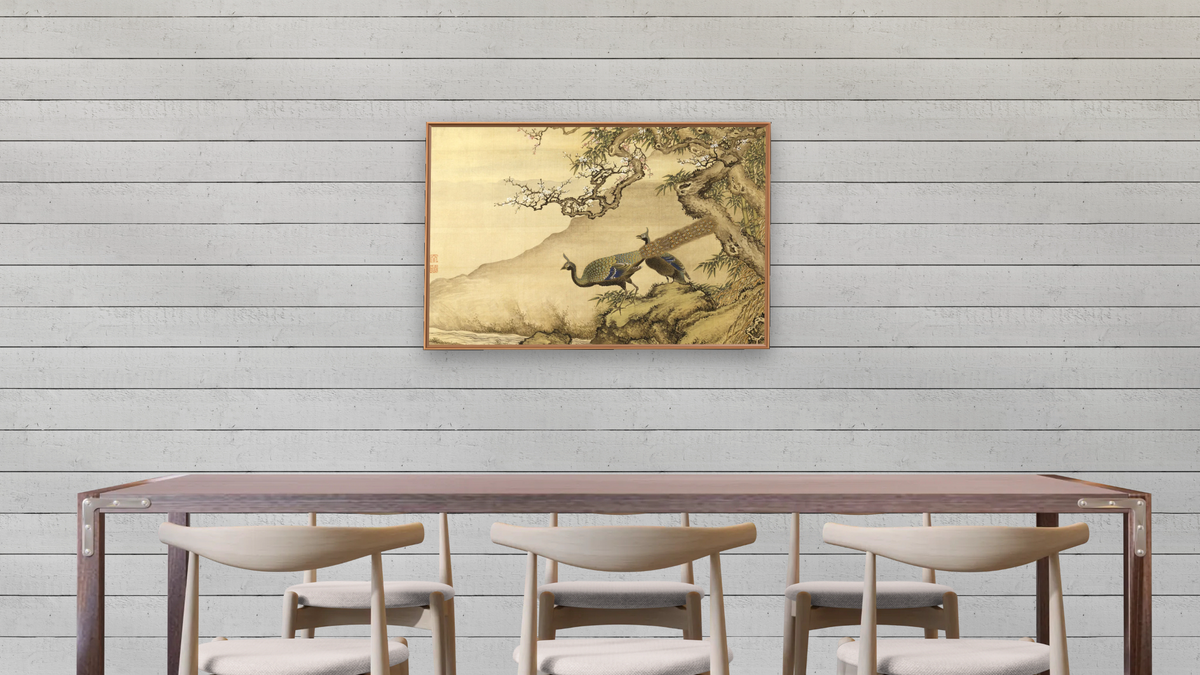 Album of Birds and Animals (Peacocks) by Shen Nanpin, shown at 28 × 42 in (71.1 × 106.7 cm) on canvas in Arber Raw Oak, dining