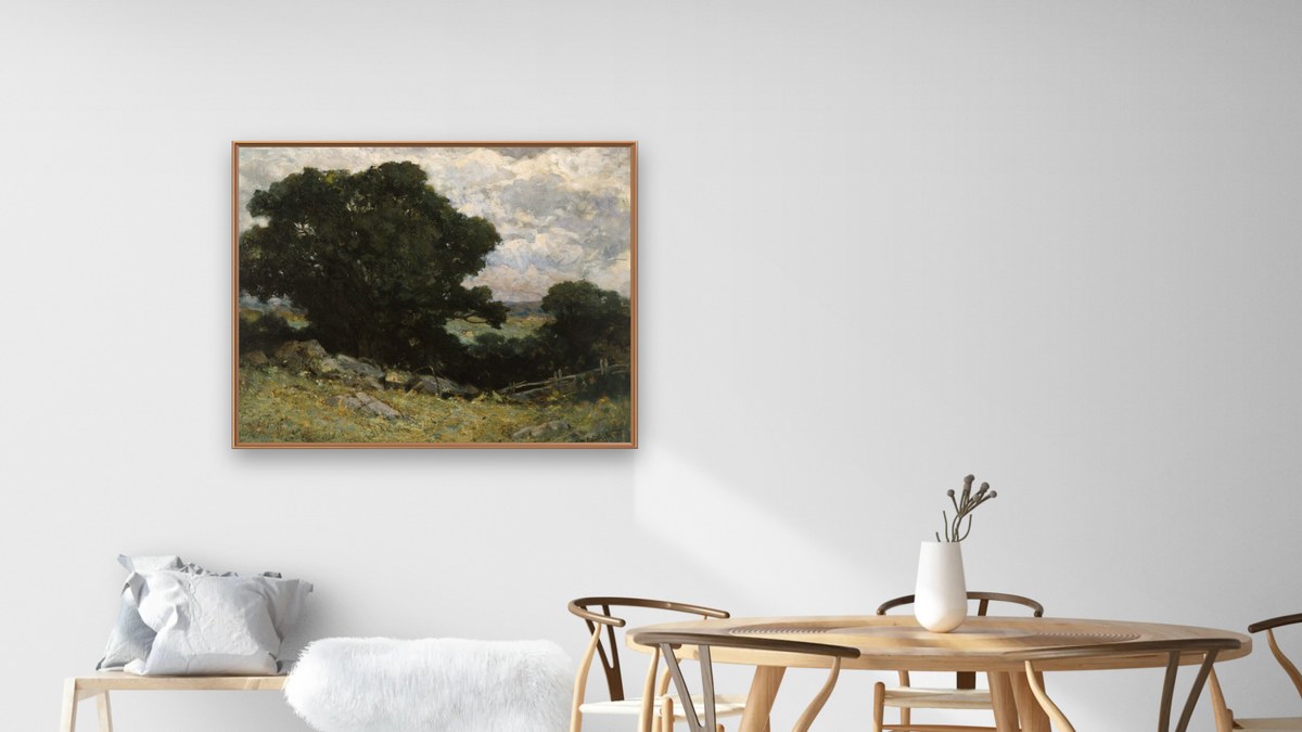 Landscape by Edward Mitchell Bannister, shown at 32 × 40 in (81.3 × 101.6 cm) on canvas in Arber Raw Oak, dining