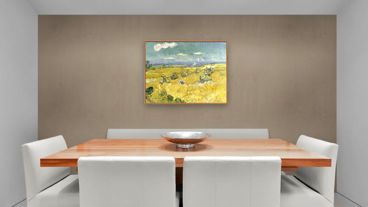 Wheat Fields with Reaper, Auvers by Vincent van Gogh, shown at 32 × 40 in (81.3 × 101.6 cm) on canvas in Arber Raw Oak, dining