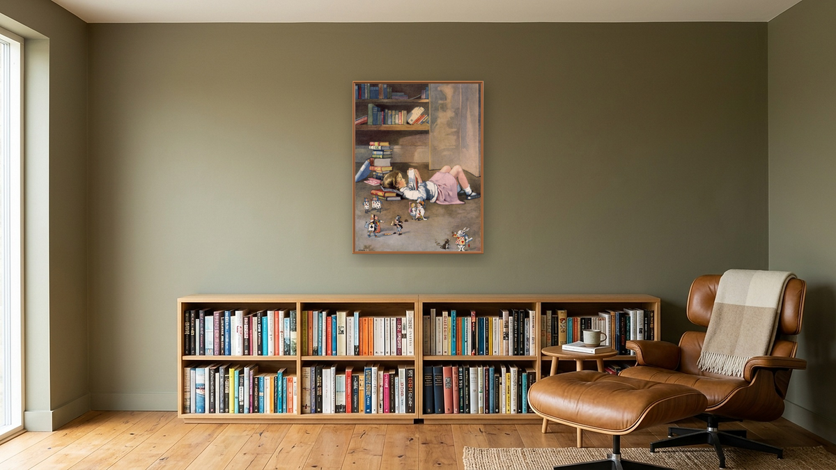 Alice in Wonderland: Girl Reading 'Alice in Wonderland' by Honor C. Appleton, shown at 30 × 40 in (76.2 × 101.6 cm) on canvas in Arber Raw Oak, library