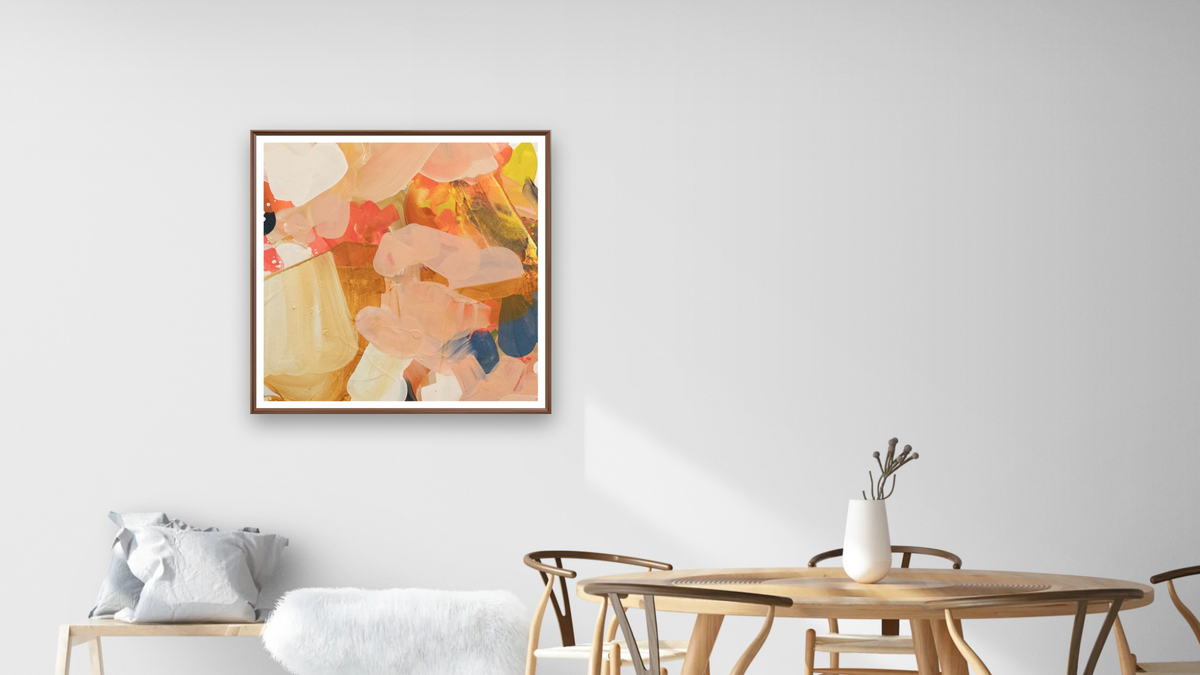 Snack 5 by Nino Yuniardi, shown at 32 × 32 in (81.3 × 81.3 cm) on canvas in Arber Warm Walnut, dining