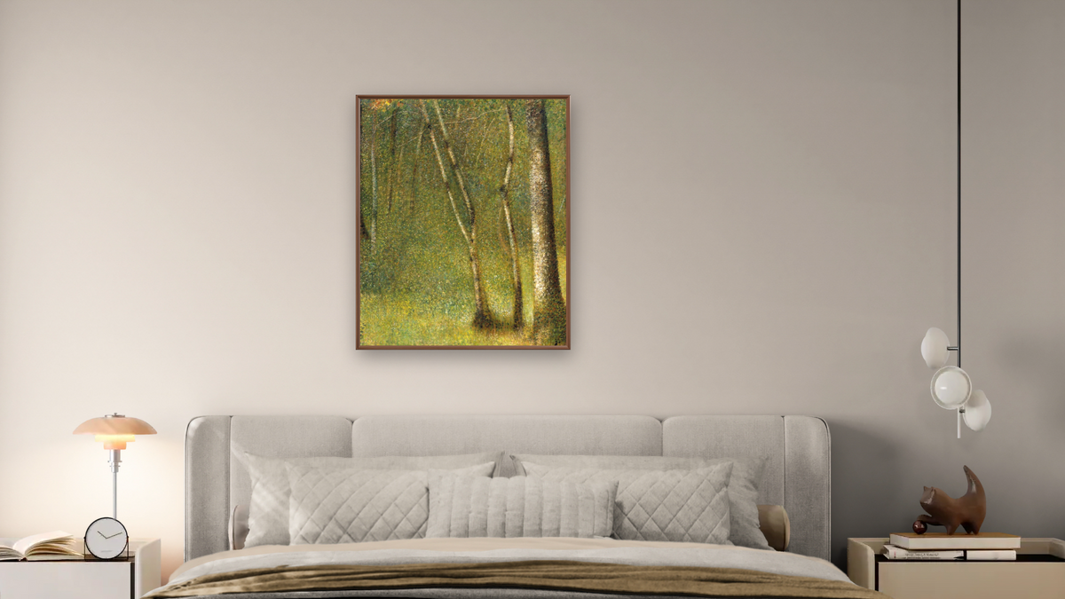 The Forest at Pontaubert by Georges Seurat, shown at 32 × 40 in (81.3 × 101.6 cm) on canvas in Arber Warm Walnut, bedroom