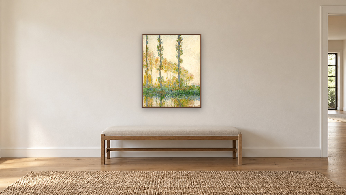 The Three Trees, Autumn by Claude Monet, shown at 32 × 40 in (81.3 × 101.6 cm) on canvas in Arber Warm Walnut, hallway