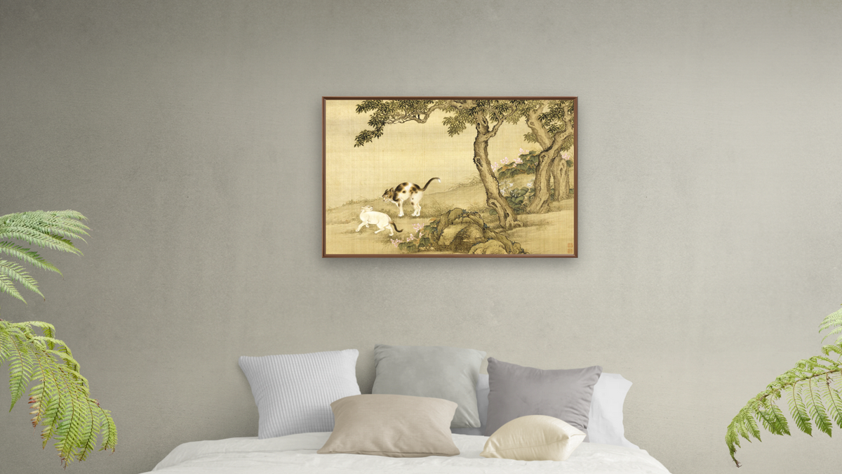 Album of Birds and Animals (Cats) by Shen Nanpin, shown at 28 × 42 in (71.1 × 106.7 cm) on canvas in Arber Warm Walnut, bedroom