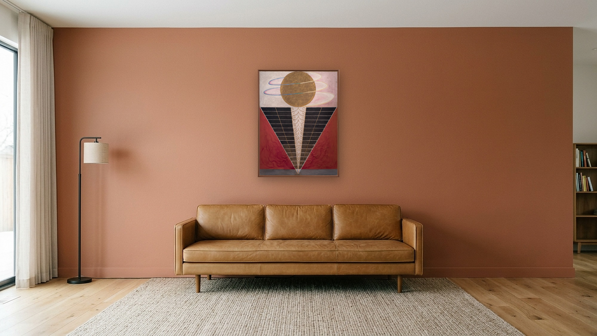 Group X, No. 2, Altarpiece by Hilma af Klint, shown at 30 × 40 in (76.2 × 101.6 cm) on canvas in Arber Warm Walnut, media room