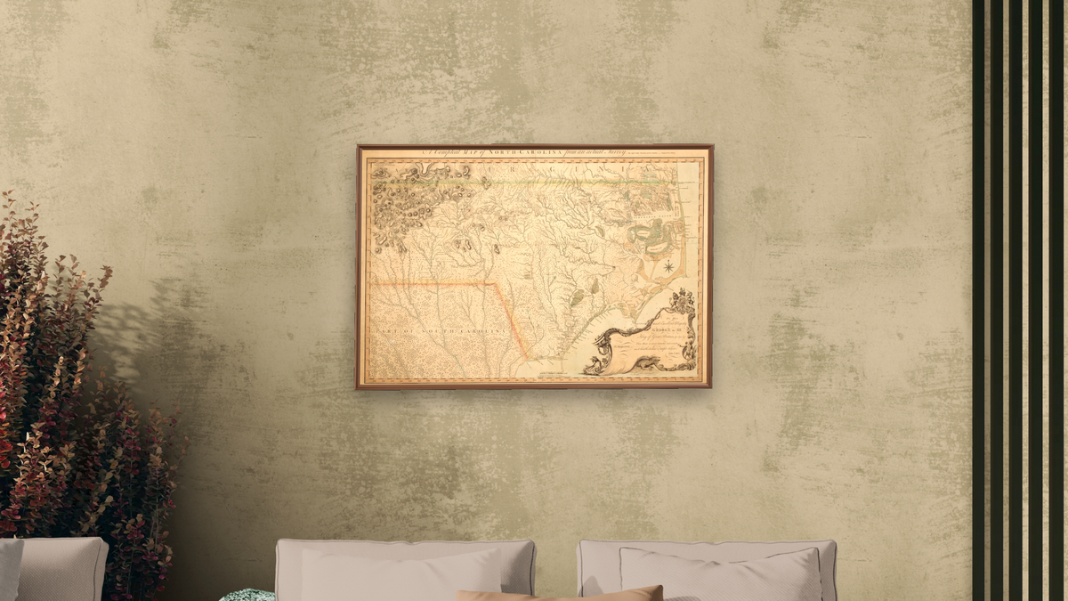 A Compleat map of North-Carolina from an actual survey. 1770. by Collet, John. Bayly, J. Hooper,, shown at 28 × 42 in (71.1 × 106.7 cm) on canvas in Arber Warm Walnut, living