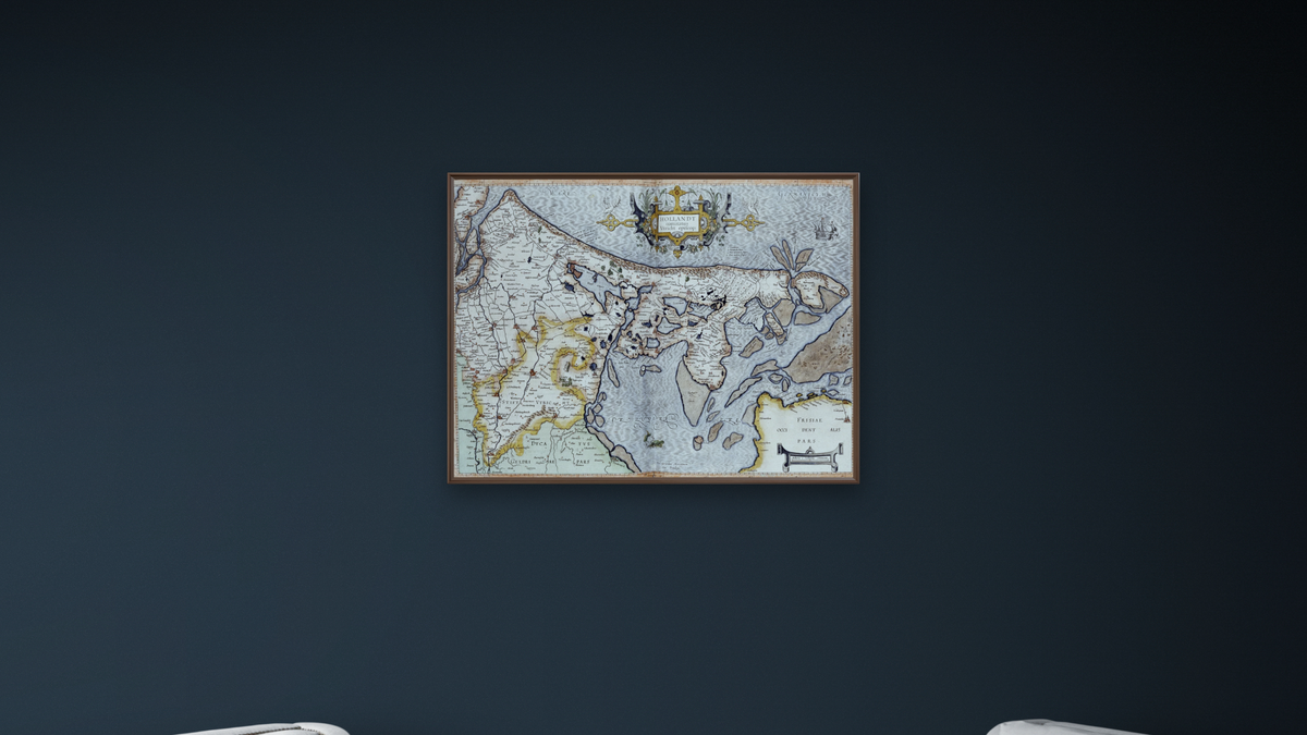 Map of Holland by Rumold Mercator, shown at 30 × 40 in (76.2 × 101.6 cm) on canvas in Arber Warm Walnut, office