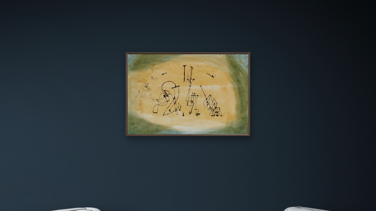 Abstract Trio by Paul Klee, shown at 28 × 42 in (71.1 × 106.7 cm) on canvas in Arber Warm Walnut, office