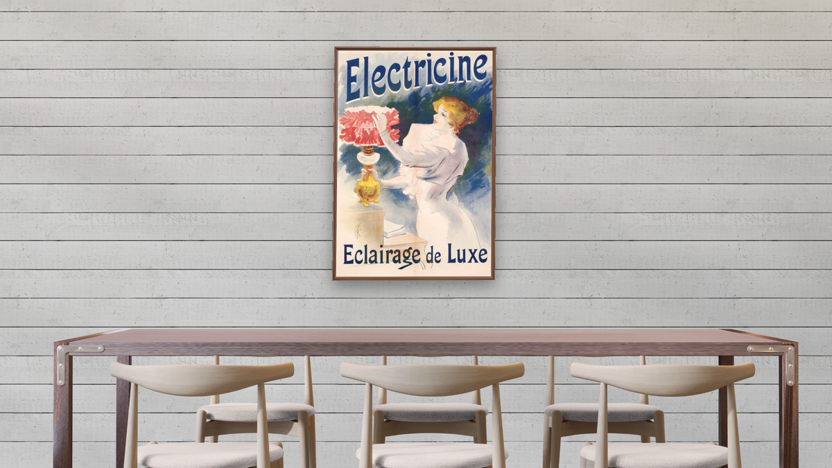Electricine Poster by Lucien Lefevre, shown at 28 × 42 in (71.1 × 106.7 cm) on canvas in Arber Warm Walnut, dining