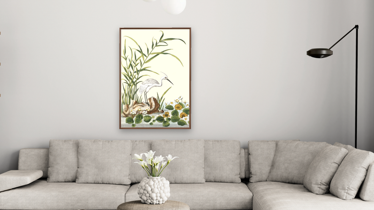 Water crowfoot with egret by Pierre Joseph Buchoz, shown at 28 × 42 in (71.1 × 106.7 cm) on canvas in Arber Warm Walnut, living