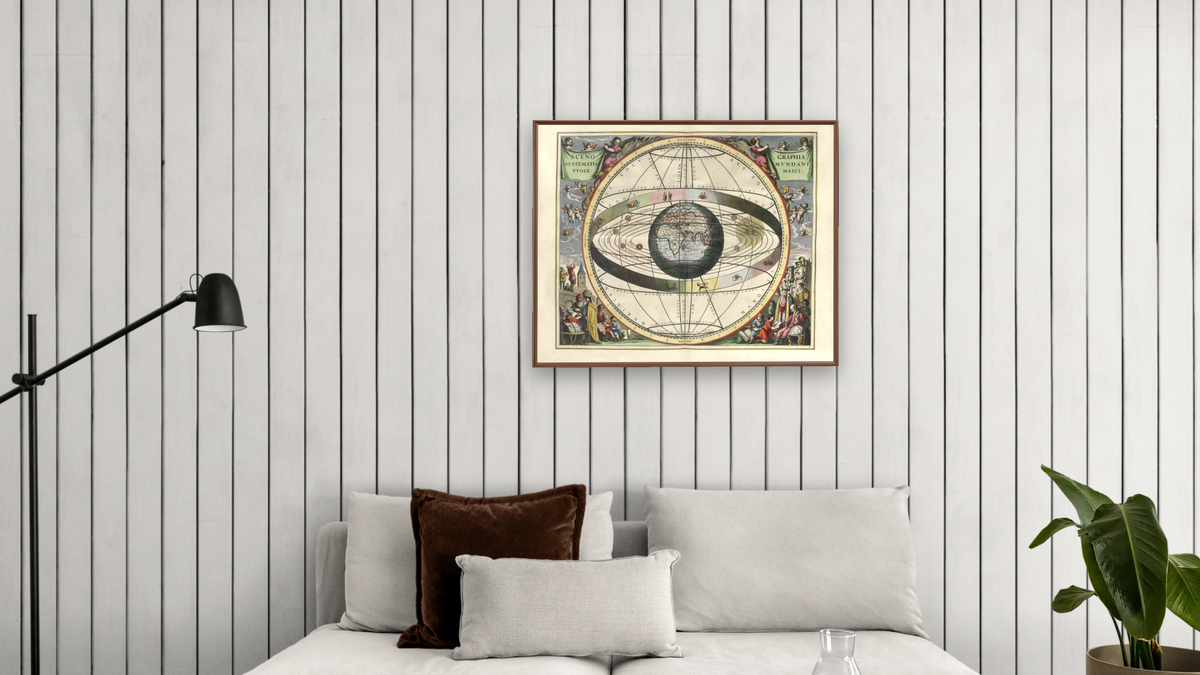 Plate 2 from Harmonia Macrocosmica by Andreas Cellarius, shown at 32 × 40 in (81.3 × 101.6 cm) on canvas in Arber Warm Walnut, living