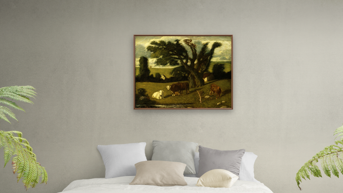 Pastoral Study by Albert Pinkham Ryder, shown at 32 × 40 in (81.3 × 101.6 cm) on canvas in Arber Warm Walnut, bedroom