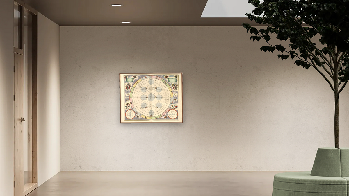 Plate 18 from Harmonia Macrocosmica by Andreas Cellarius, shown at 32 × 40 in (81.3 × 101.6 cm) on canvas in Arber Warm Walnut, office