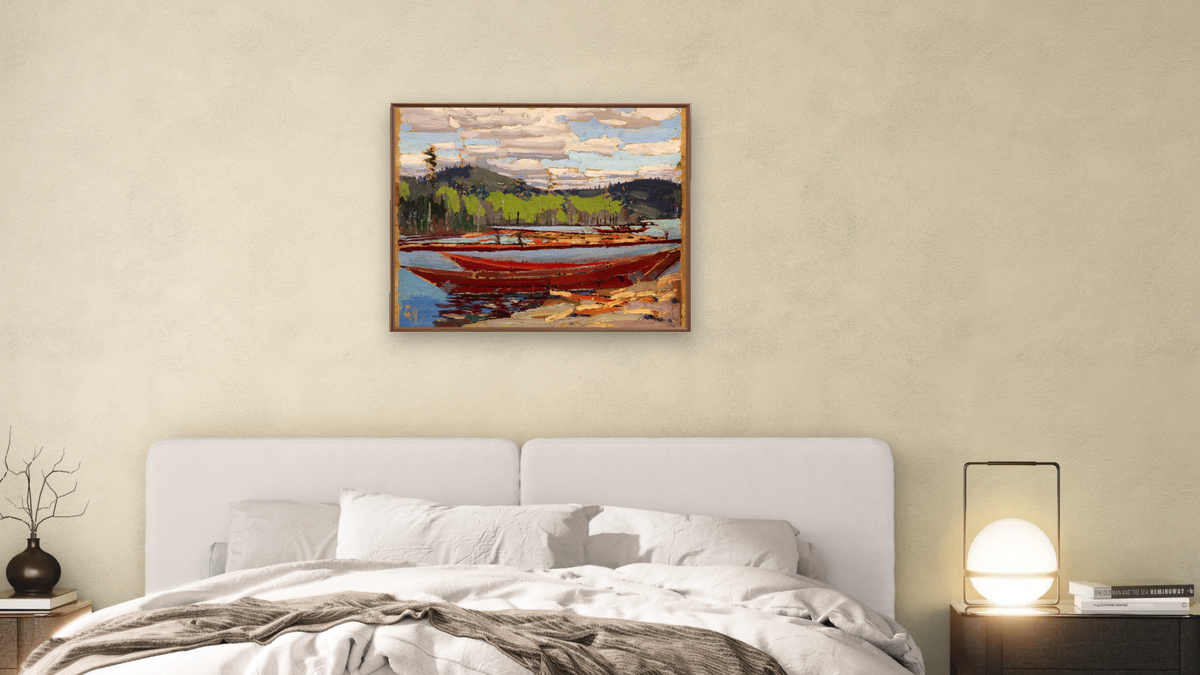 Bateaux by Tom Thomson, shown at 32 × 40 in (81.3 × 101.6 cm) on canvas in Arber Warm Walnut, bedroom