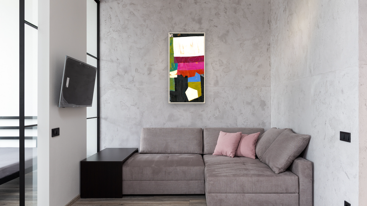 Desert Moon by Louise Gaskill, shown at 20 × 40 in (50.8 × 101.6 cm) on canvas in Ramino Opaque White, media room