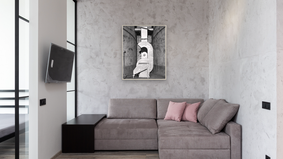 Willows Rice Mill #2 'Blower' by Gordon Osmundson, shown at 32 × 40 in (81.3 × 101.6 cm) on canvas in Ramino Opaque White, media room