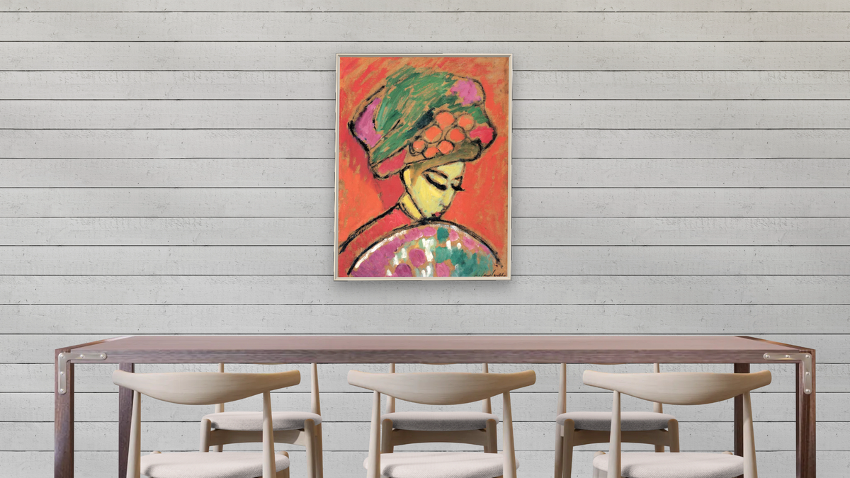 Young Girl with a Flowered Hat by Alexei Jawlensky, shown at 30 × 40 in (76.2 × 101.6 cm) on canvas in Ramino Opaque White, dining
