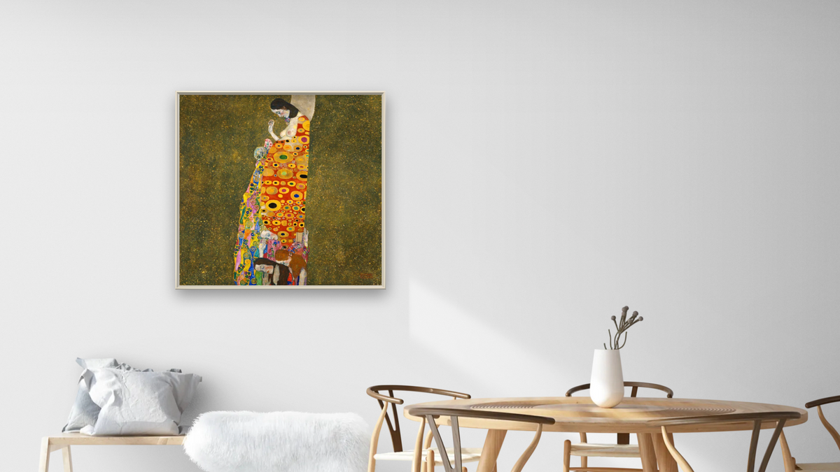 Hope, II by Gustav Klimt, shown at 32 × 32 in (81.3 × 81.3 cm) on canvas in Ramino Opaque White, dining