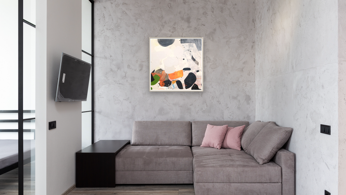 Snack 6 by Nino Yuniardi, shown at 32 × 32 in (81.3 × 81.3 cm) on canvas in Ramino Opaque White, media room