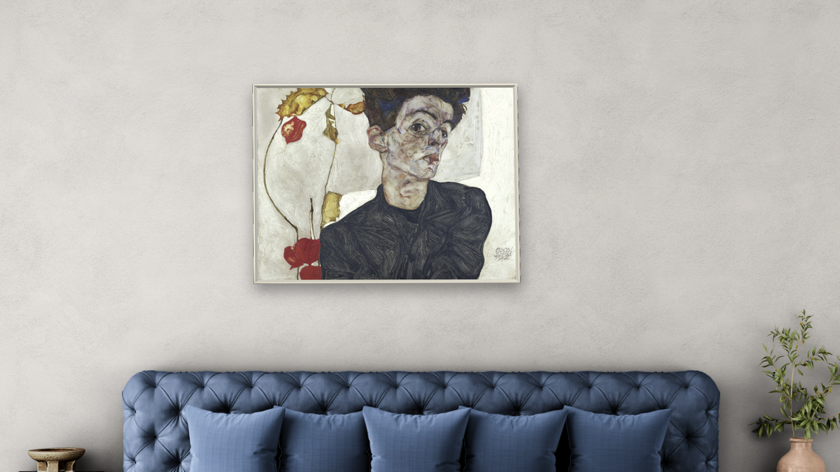 Self-Portrait with Chinese Lantern Plant by Egon Schiele, shown at 32 × 40 in (81.3 × 101.6 cm) on canvas in Ramino Opaque White, bedroom
