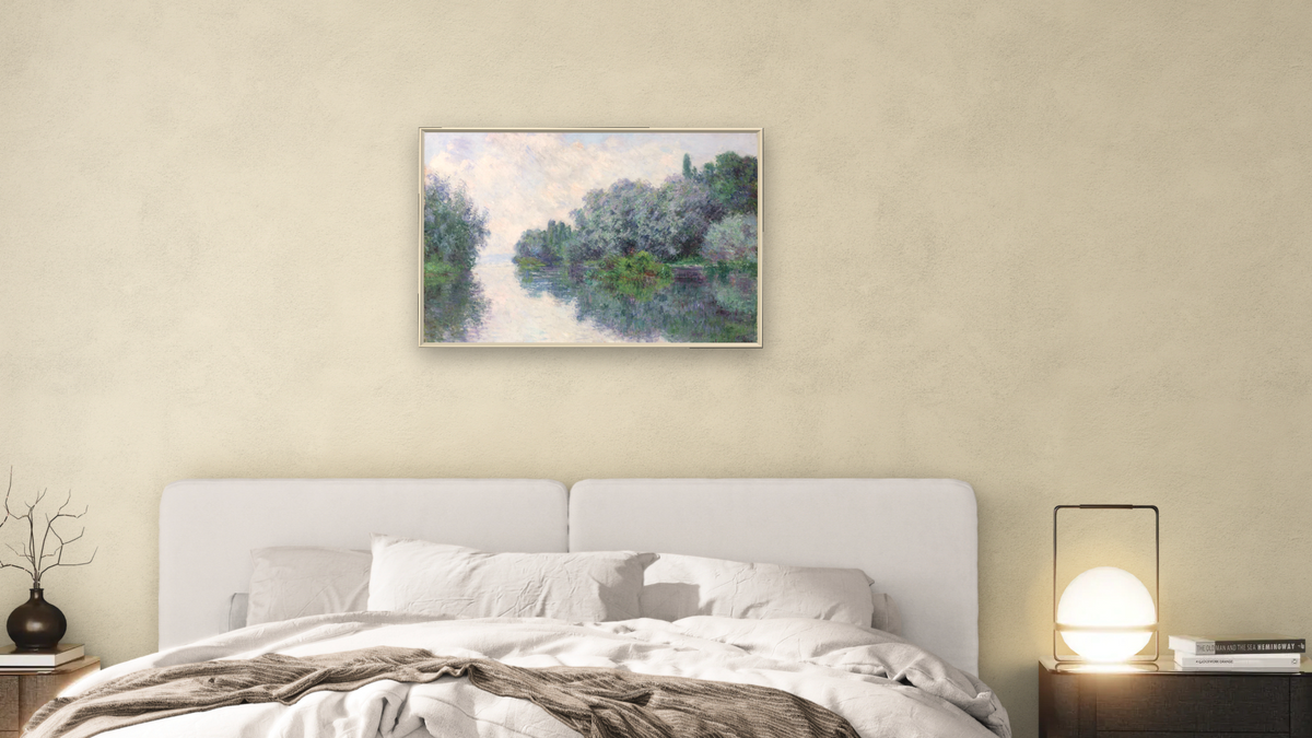 The Seine at Giverny by Claude Monet, shown at 28 × 42 in (71.1 × 106.7 cm) on canvas in Ramino Opaque White, bedroom