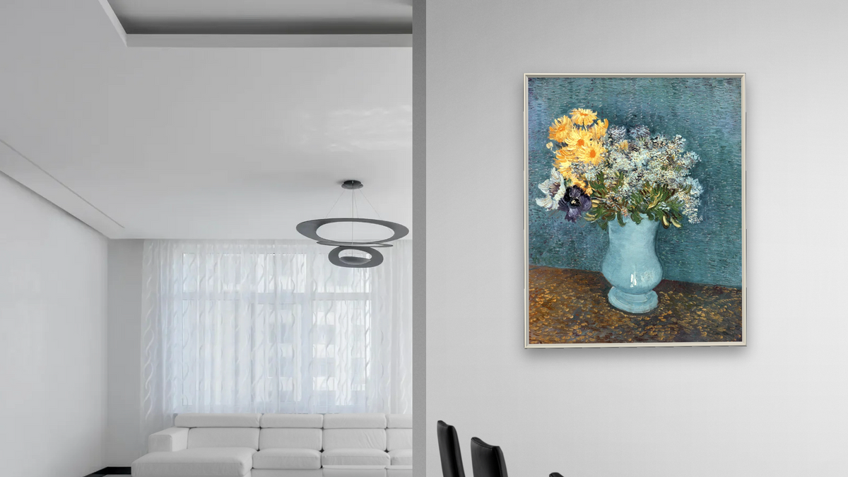 Vase of Flowers by Vincent van Gogh, shown at 32 × 40 in (81.3 × 101.6 cm) on canvas in Ramino Opaque White, dining