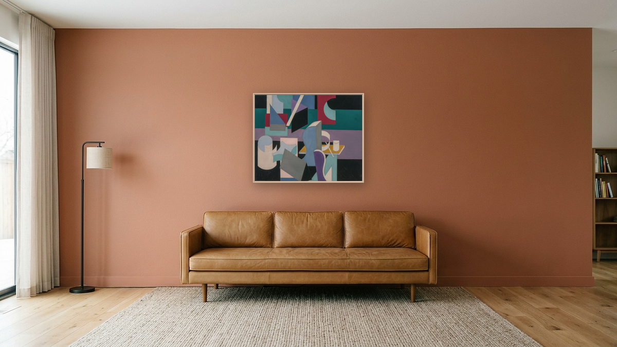 Peinture by Patrick Henry Bruce, shown at 32 × 40 in (81.3 × 101.6 cm) on canvas in Ramino Opaque White, media room