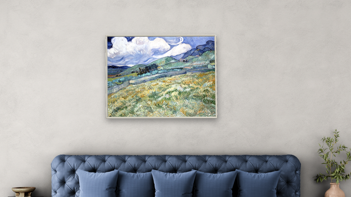 Landscape from Saint-Rémy by Vincent van Gogh, shown at 32 × 40 in (81.3 × 101.6 cm) on canvas in Ramino Opaque White, bedroom