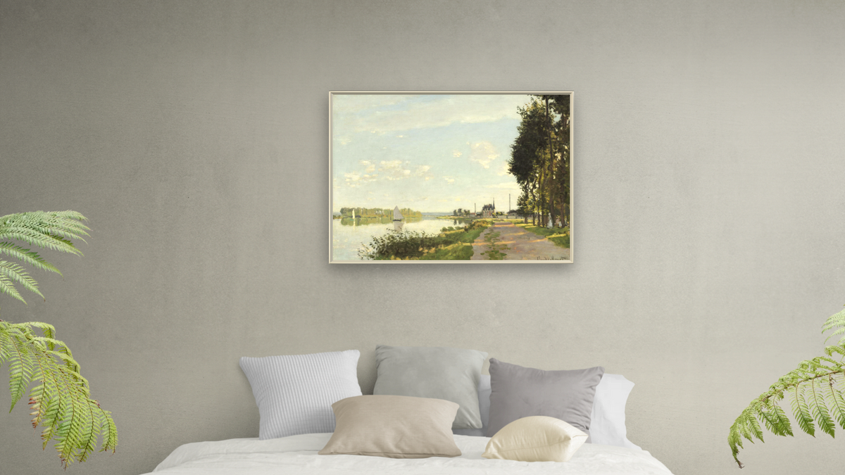 Argenteuil by Claude Monet, shown at 30 × 40 in (76.2 × 101.6 cm) on canvas in Ramino Opaque White, bedroom