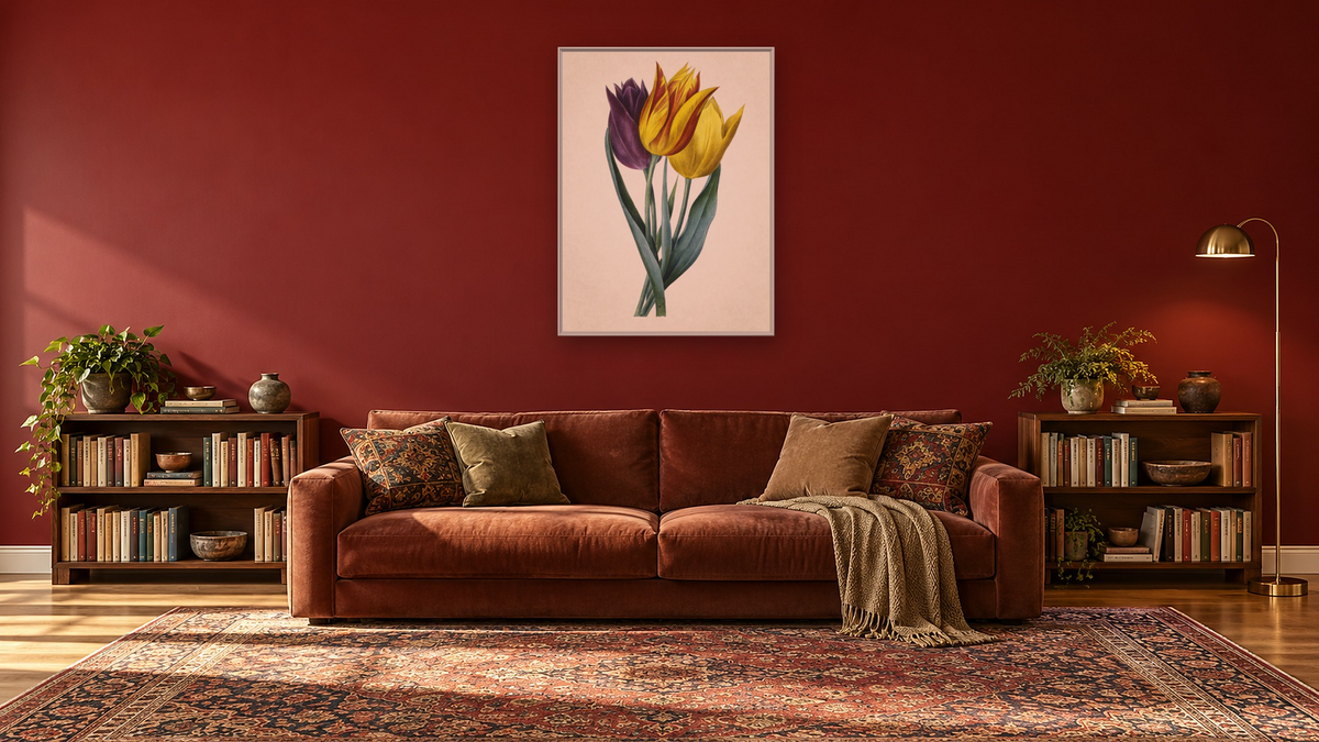 Tulipe de Gesner [Tulipa gesneriana L.] by Pierre Joseph Redouté, shown at 30 × 40 in (76.2 × 101.6 cm) on canvas in Ramino Opaque White, library