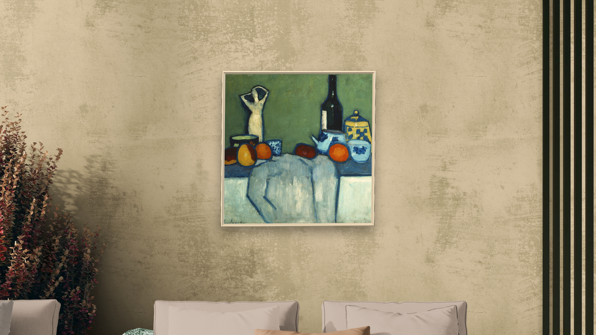 Still Life with Bottle, Fruit and Figure by Alexei Jawlensky, shown at 32 × 32 in (81.3 × 81.3 cm) on canvas in Ramino Opaque White, living