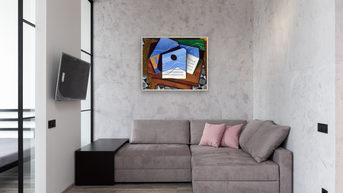 Guitar on a Table by Juan Gris, shown at 32 × 40 in (81.3 × 101.6 cm) on canvas in Ramino Opaque White, media room