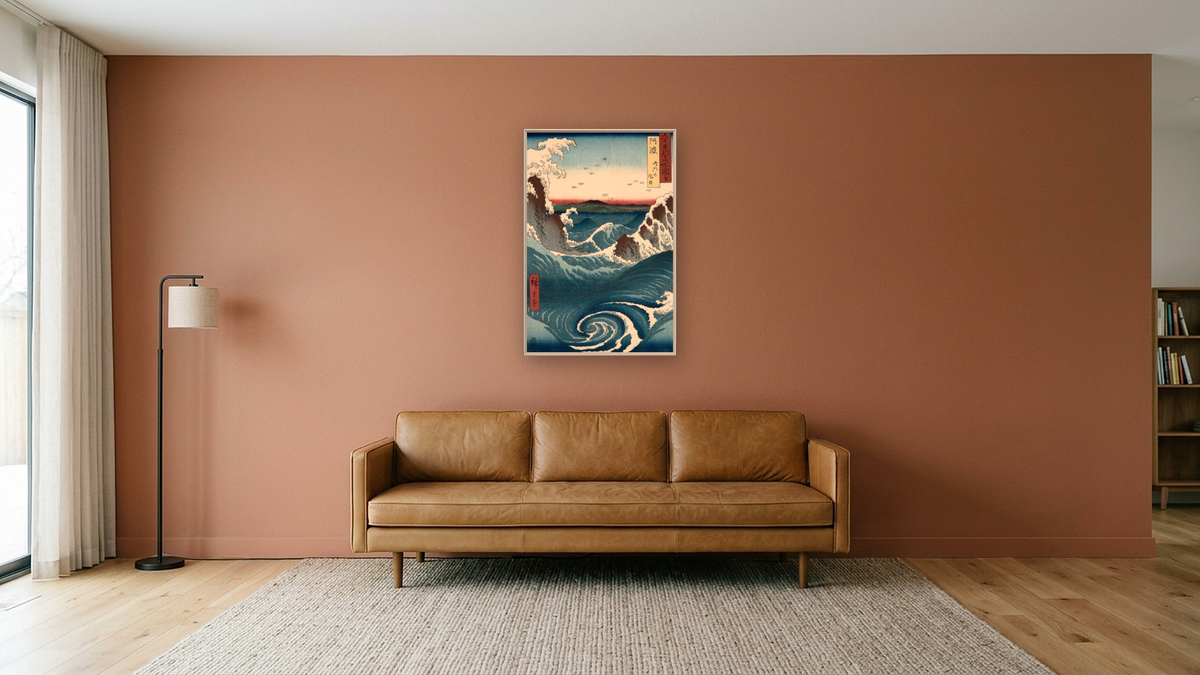 Rough Sea at Naruto in Awa Province, no. 55 from the series Pictures of Famous Places in the Sixty-odd Provinces by Utagawa Hiroshige, shown at 28 × 42 in (71.1 × 106.7 cm) on canvas in Ramino Opaque White, media room