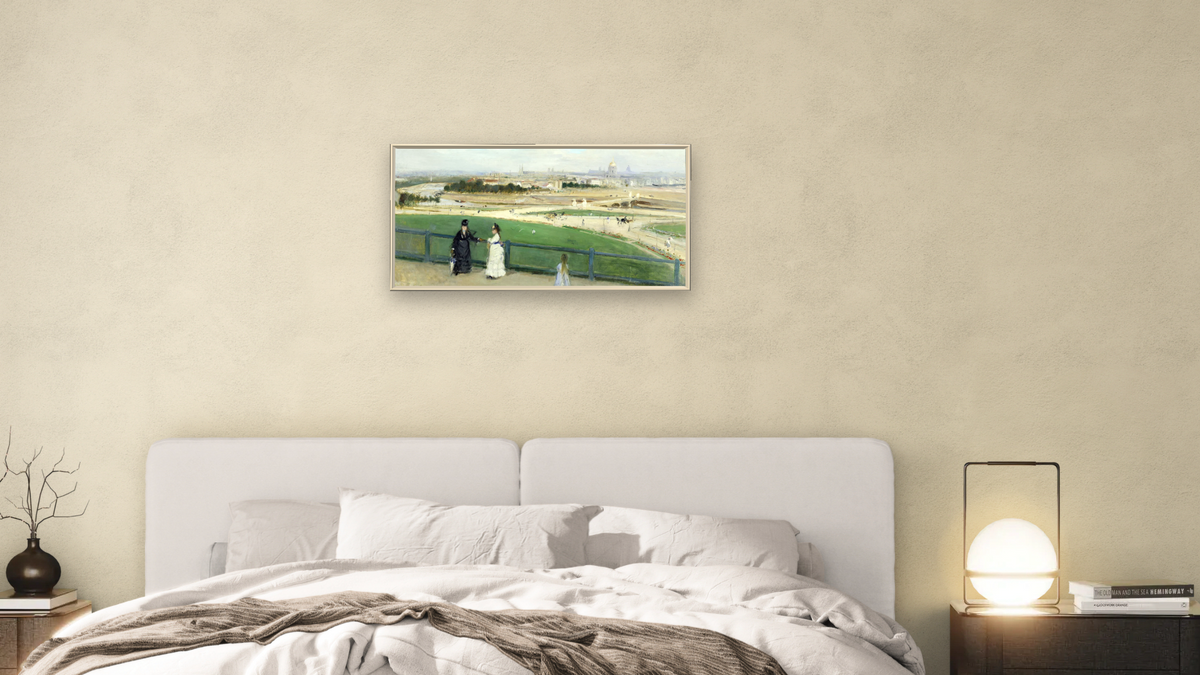 View of Paris from the heights of the Trocadero by Berthe Morisot, shown at 20 × 40 in (50.8 × 101.6 cm) on canvas in Ramino Opaque White, bedroom