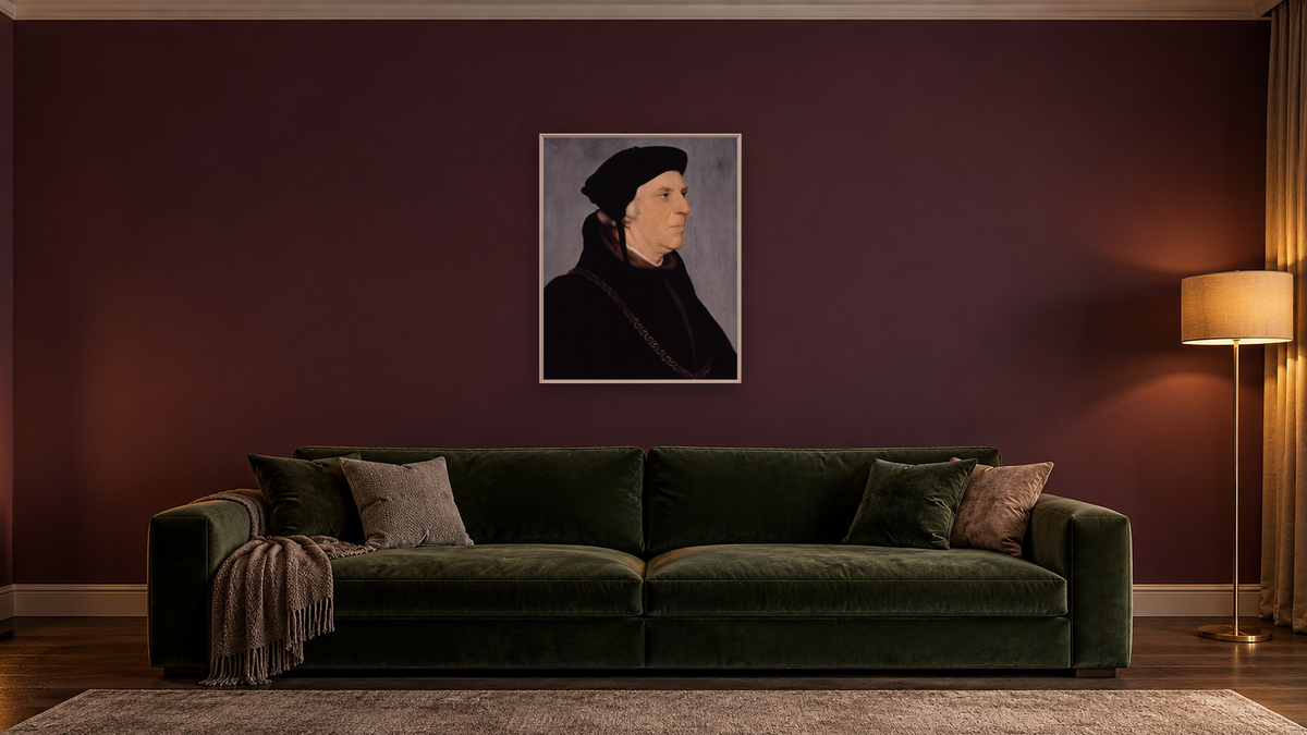 Sir William Butts, Physician by Hans Holbein the Younger, shown at 32 × 40 in (81.3 × 101.6 cm) on canvas in Ramino Opaque White, den