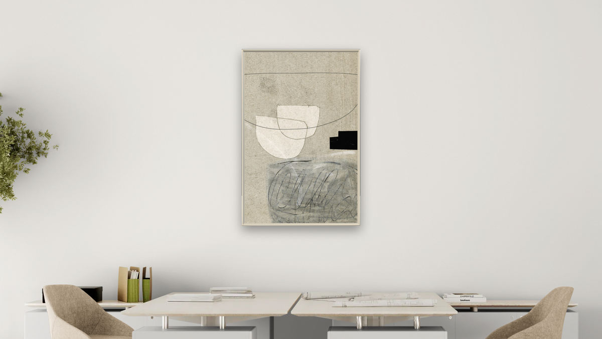 Lifestyle 1 by Dan Hobday, shown at 28 × 42 in (71.1 × 106.7 cm) on canvas in Ramino Opaque White, office