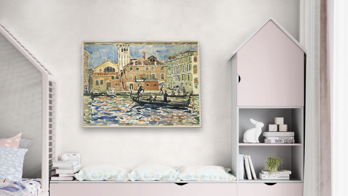 Venice by Maurice Brazil Prendergast, shown at 30 × 40 in (76.2 × 101.6 cm) on canvas in Ramino Opaque White, bedroom
