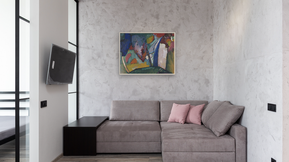 The Waterfall by Wassily Kandinsky, shown at 30 × 40 in (76.2 × 101.6 cm) on canvas in Ramino Opaque White, media room