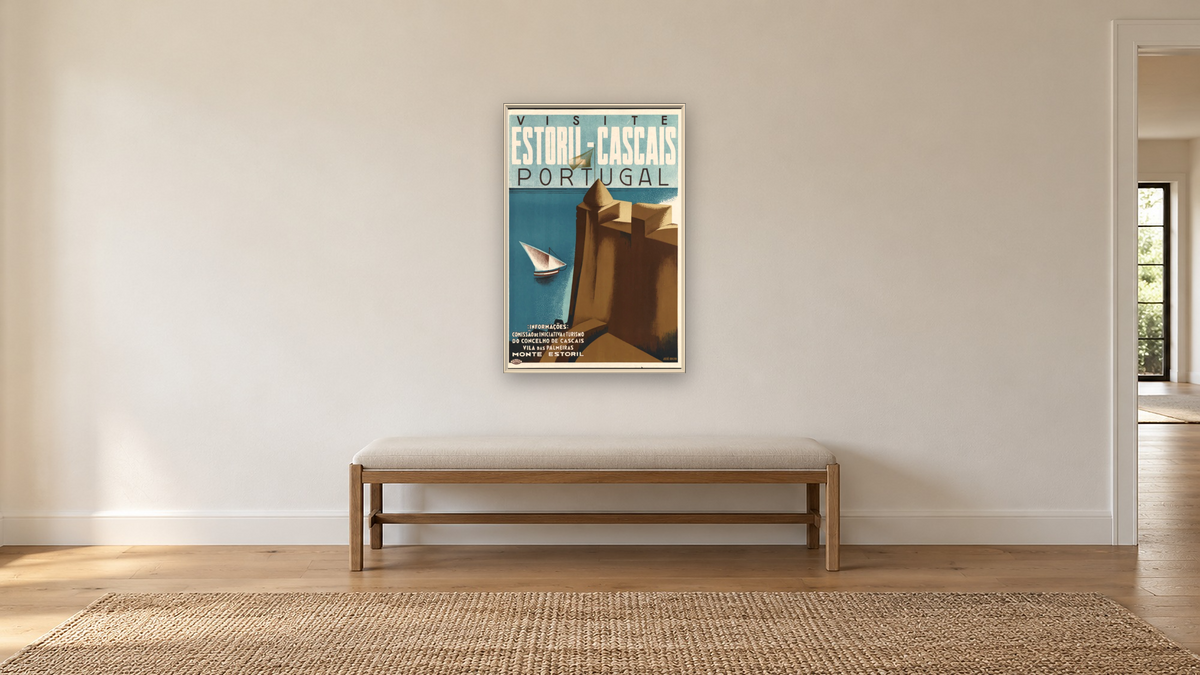 BPL Travel Posters, shown at 28 × 42 in (71.1 × 106.7 cm) on canvas in Ramino Opaque White, hallway