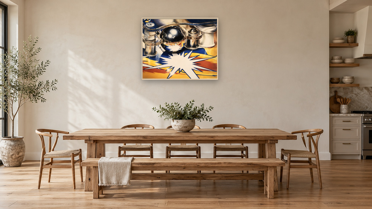 Captive Messenger #2 by Charles Bell, shown at 32 × 40 in (81.3 × 101.6 cm) on canvas in Ramino Opaque White, kitchen