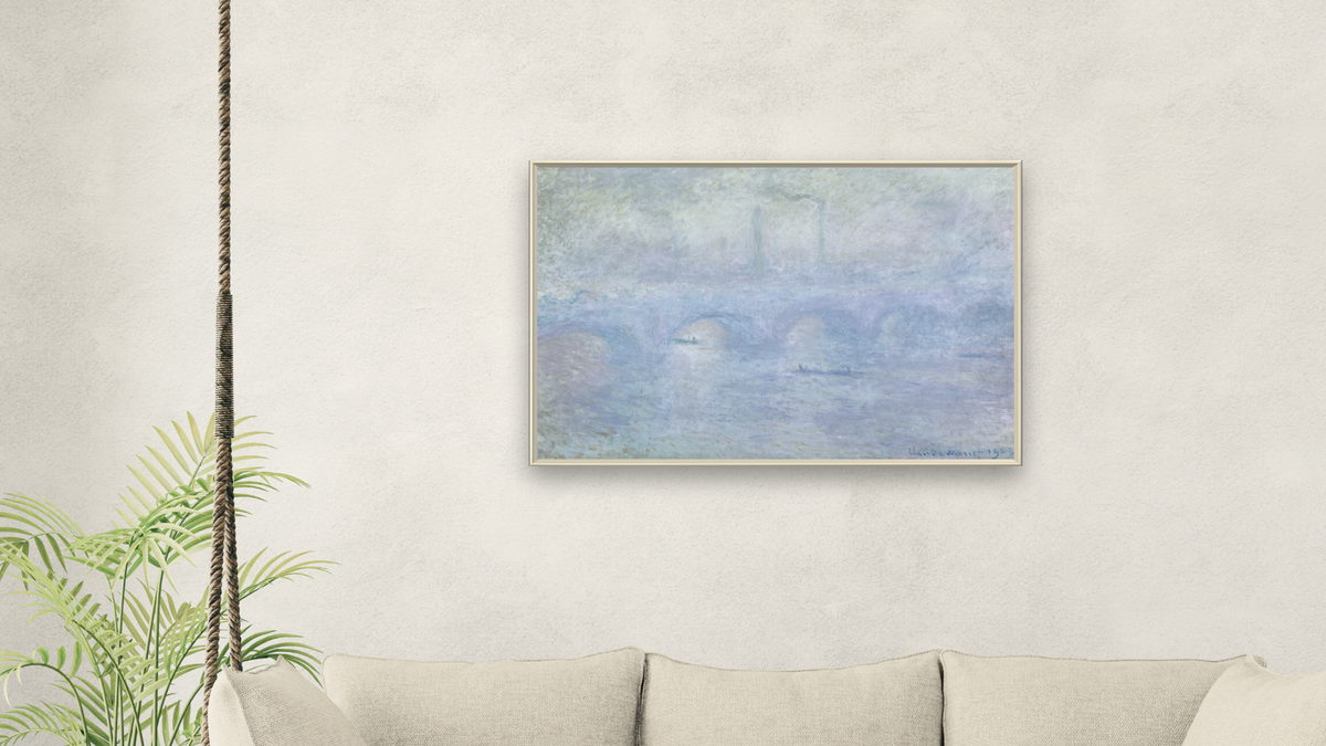 Waterloo Bridge: Effect of the Mist by Claude Monet, shown at 28 × 42 in (71.1 × 106.7 cm) on canvas in Ramino Opaque White, living
