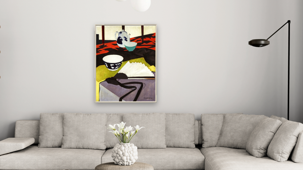 Still Life (The Grey Fan) by Francis Campbell Boileau Cadell, shown at 30 × 40 in (76.2 × 101.6 cm) on canvas in Ramino Opaque White, living