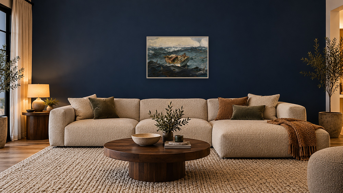 The Gulf Stream, 1899 by Winslow Homer, shown at 28 × 42 in (71.1 × 106.7 cm) on canvas in Ramino Opaque White, media room