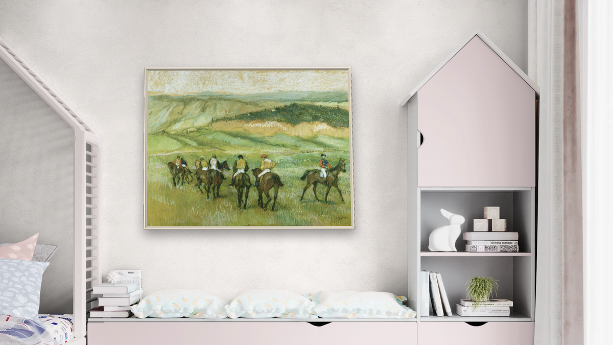 Before the Race by Edgar Degas, shown at 32 × 40 in (81.3 × 101.6 cm) on canvas in Ramino Opaque White, bedroom