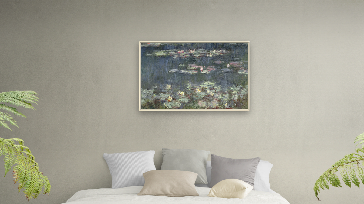 Waterlilies: Green Reflections by Claude Monet, shown at 28 × 42 in (71.1 × 106.7 cm) on canvas in Ramino Opaque White, bedroom