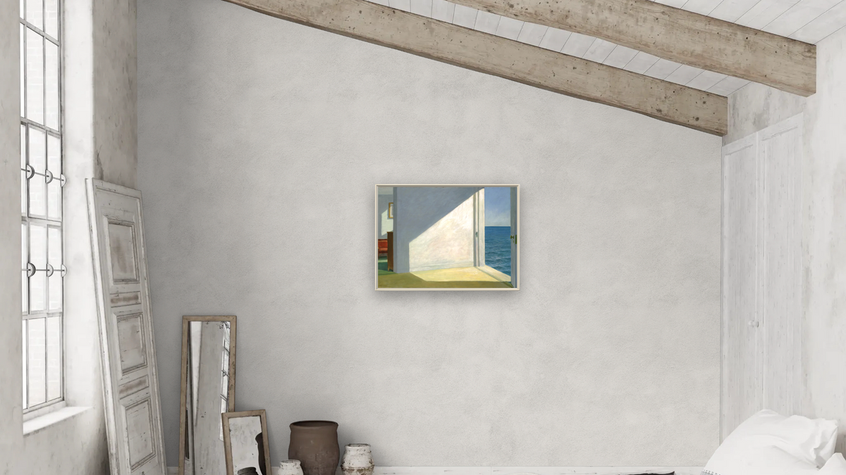 Rooms by the Sea by Edward Hopper, shown at 24 × 32 in (61 × 81.3 cm) on canvas in Ramino Opaque White, bedroom