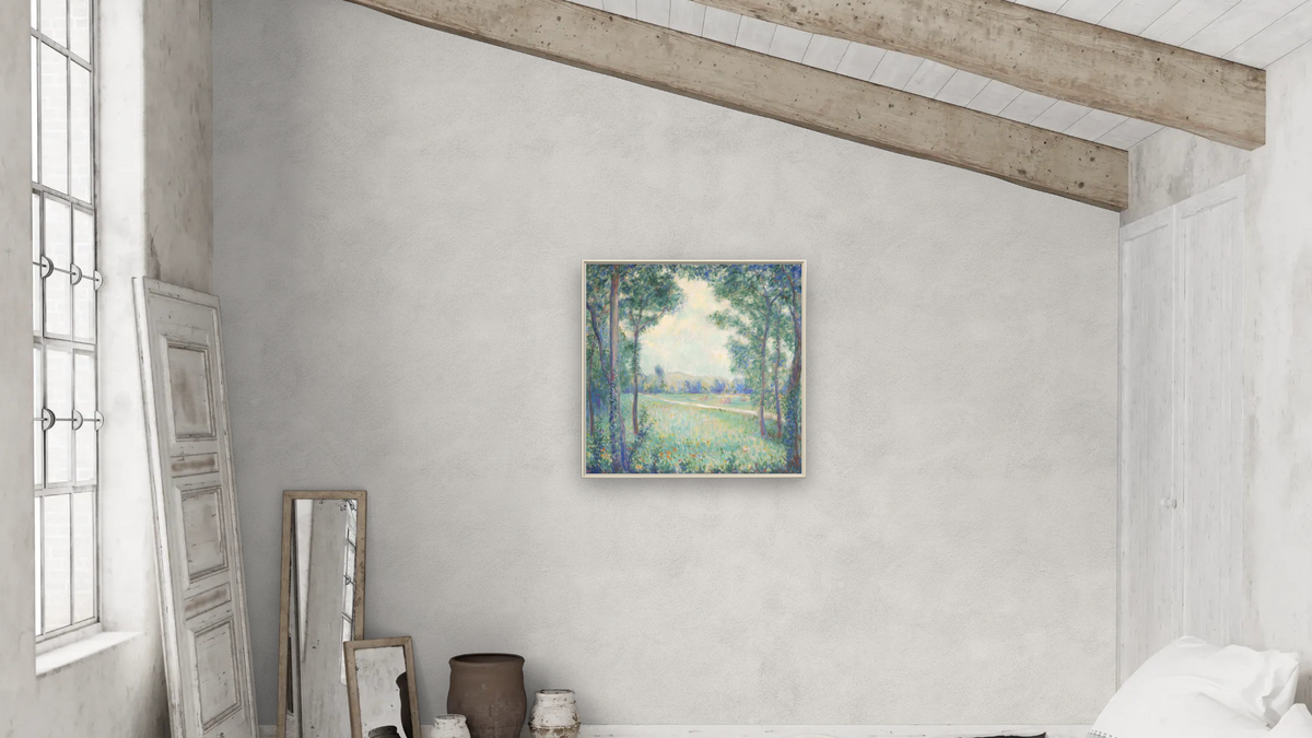 On the Way to Limetz, Giverny (La Chaussee de Limetz) by Theodore Earl Butler, shown at 32 × 32 in (81.3 × 81.3 cm) on canvas in Ramino Opaque White, bedroom