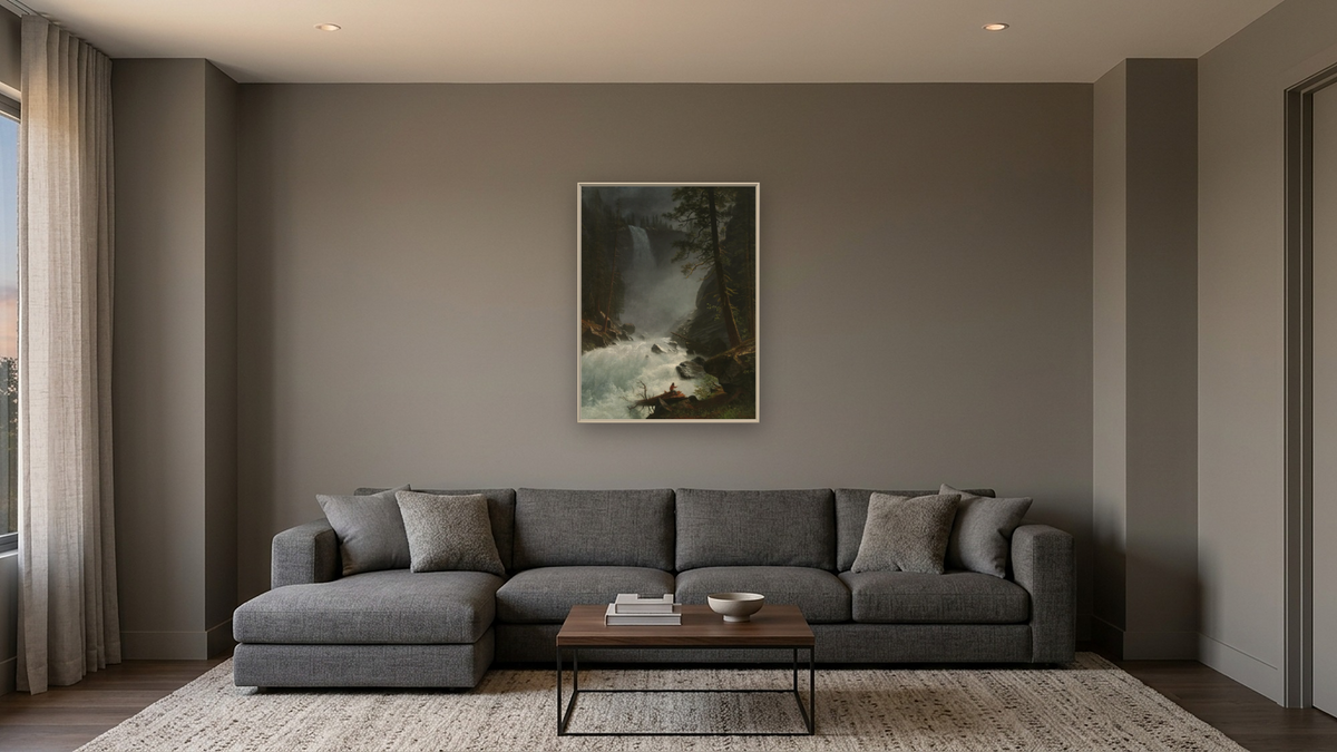 A Stream in the Rocky Mountains by Albert Bierstadt, shown at 30 × 40 in (76.2 × 101.6 cm) on canvas in Ramino Opaque White, media room