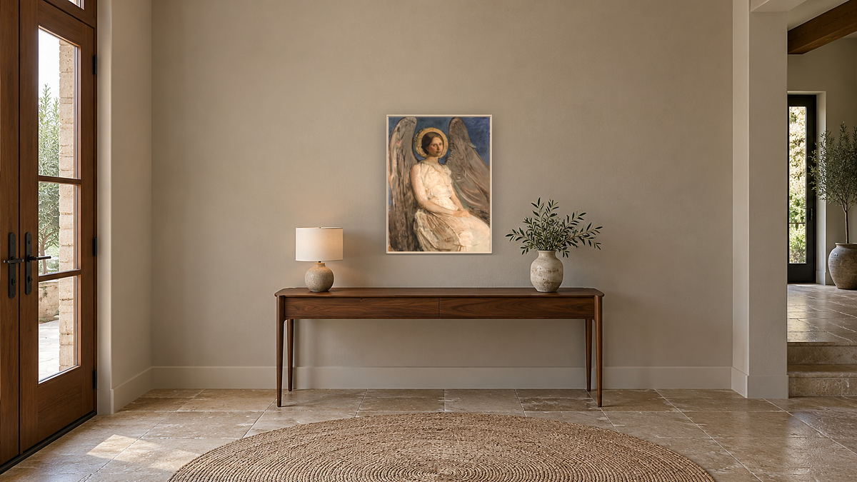 Seated Angel by Abbott Handerson Thayer, shown at 30 × 40 in (76.2 × 101.6 cm) on canvas in Ramino Opaque White, hallway